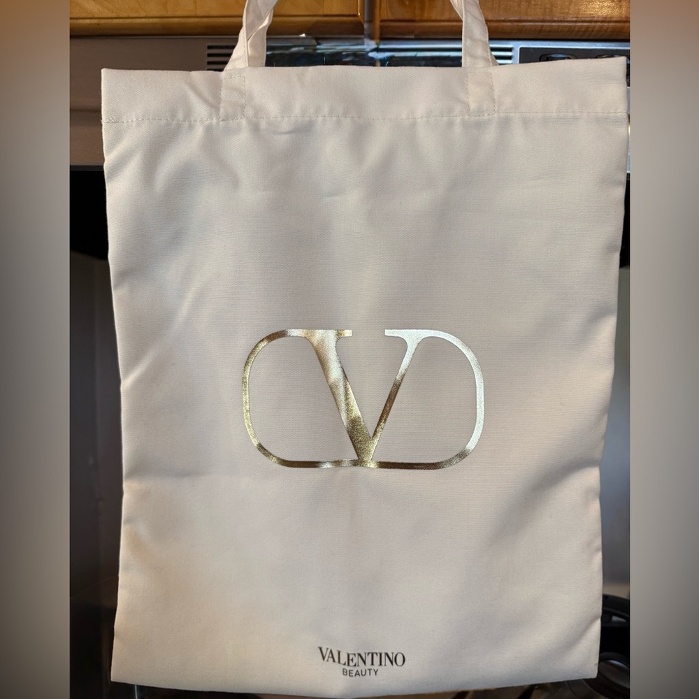 New Valentino Beauty off white fabric Tote Bag with Iconic V Gold Logo GWP